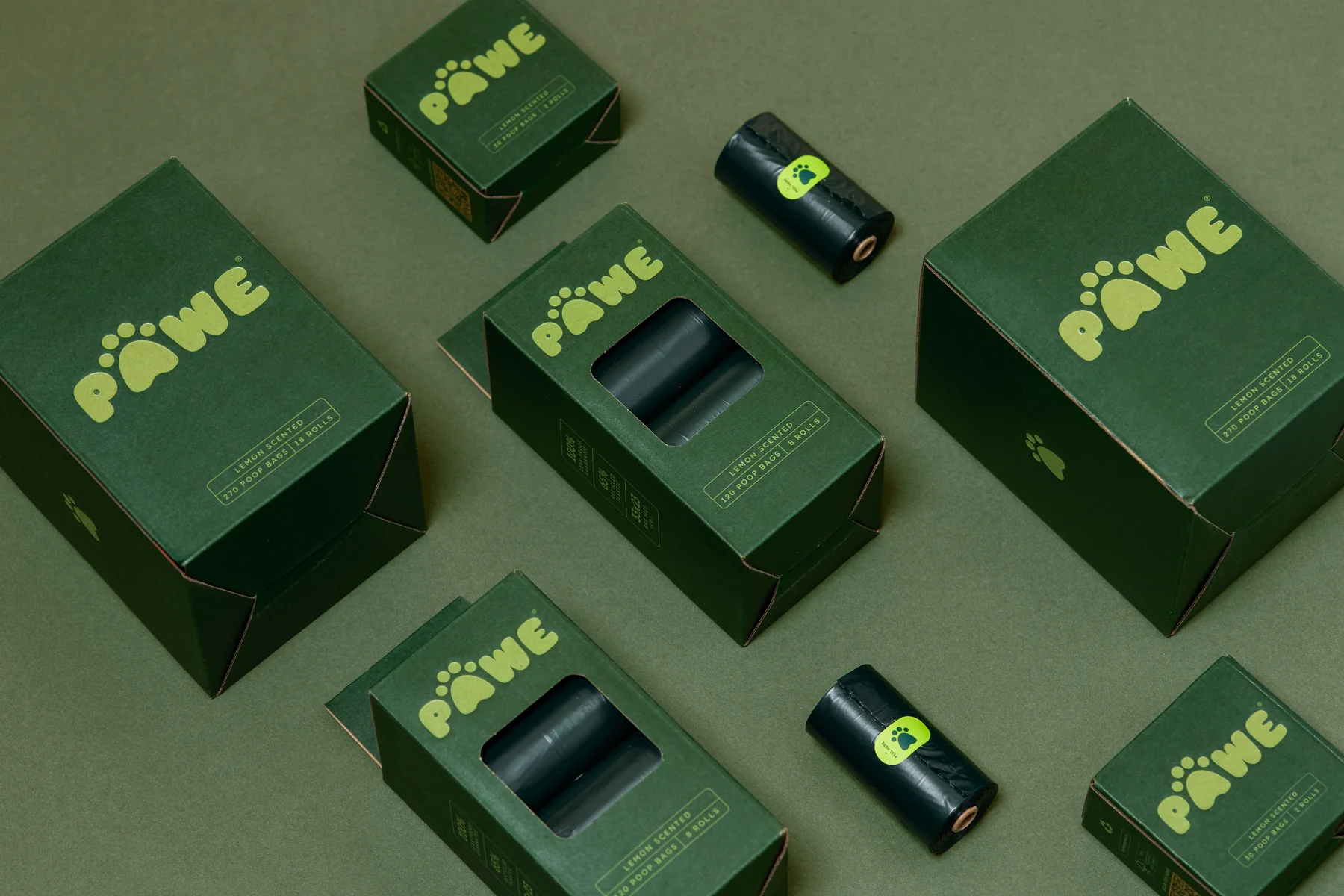The PAWE range seen from above, both pack sizes and loose rolls